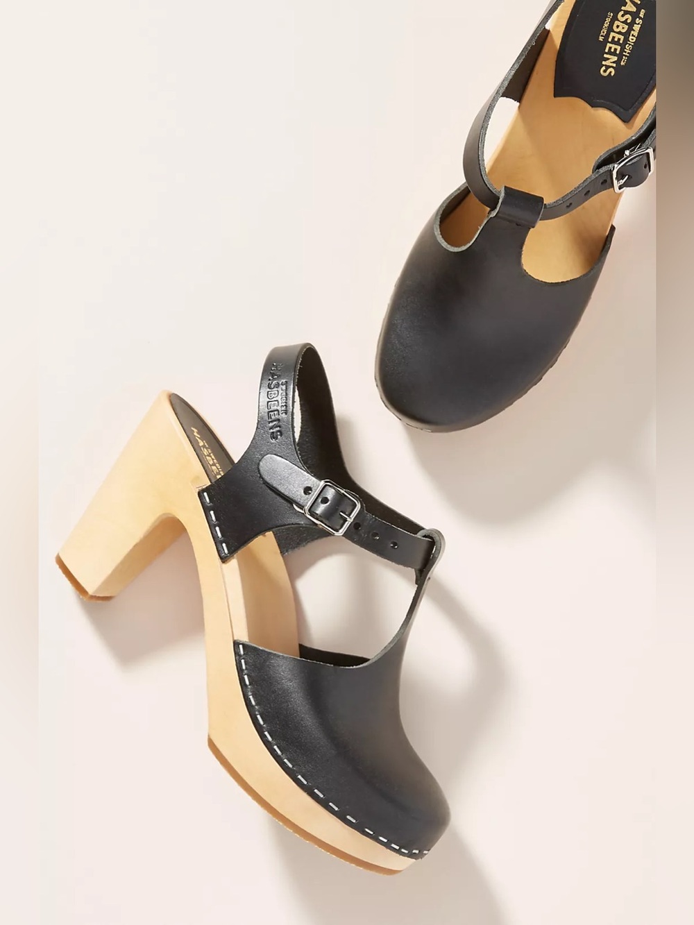 Swedish Hasbeens T-Strap Clog Black Leather Size 40 Scandinavian Minimalist